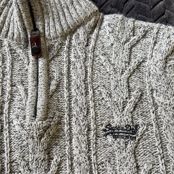 Superdry Beige Cable Knit Men's Zip Sweater Size Large - Picture 2 of 5
